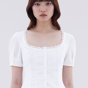 The Editor’s Market White Lace-Trimmed Button-Up Blouse